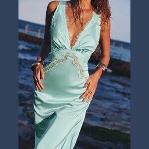 Pale Aqua Seafoam Blue Satin Lace Trim Deep V Neck Maxi Dress
